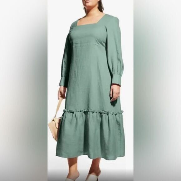 NWT Harshman Plus Size Bloom Dress Olive Green Long Sleeve 100% Linen - Size 2XL - Picture 1 of 8